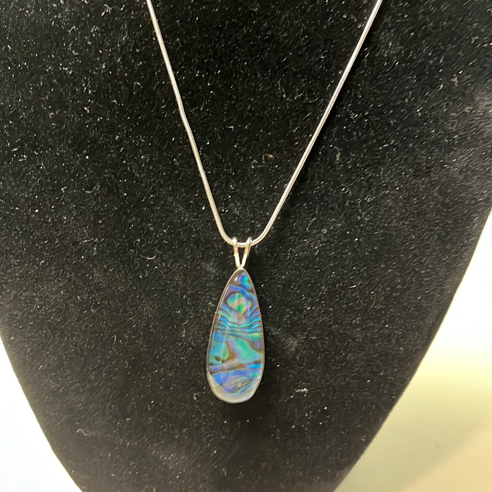 N79. Beautiful iridescent pendant on silver colored chain.